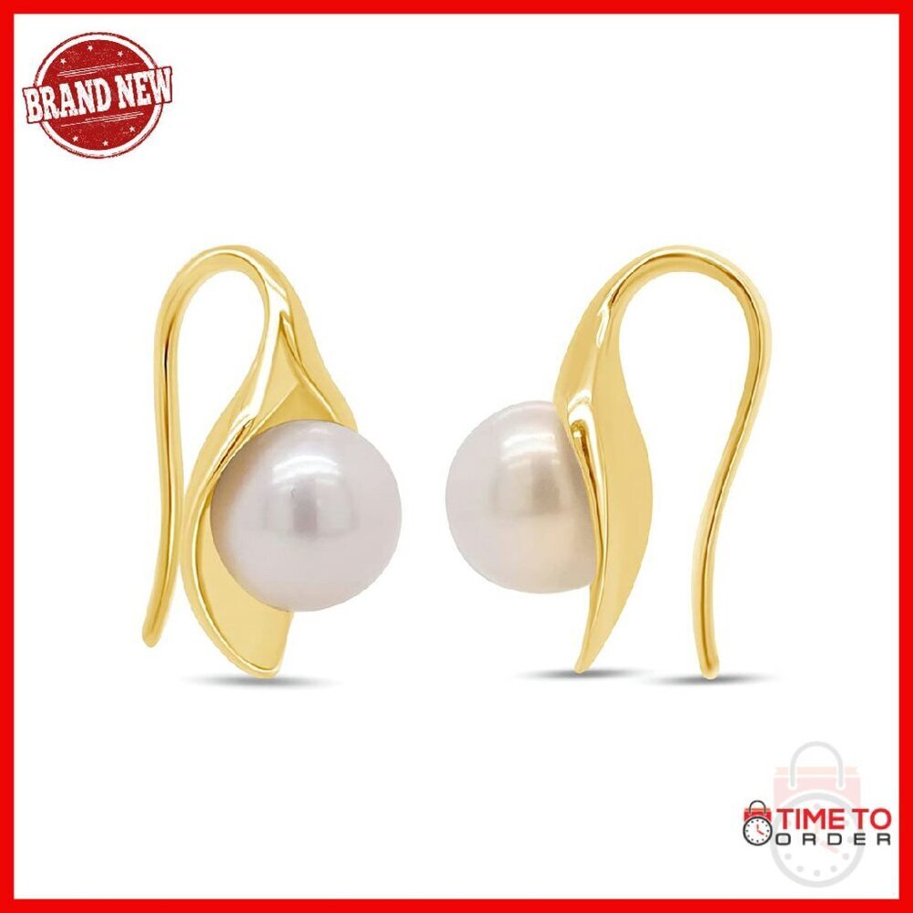 10MM Freshwater Pearl Leaf Crawler Earrings 14K Gold Plated Sterling Silver